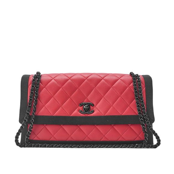 Chanel Matelasse Chain Shoulder Lambskin And Nylon Red And Black (black - Picture 1 of 6